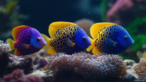 Colorful angelfish group, various patterns, harmonious swimming, serene underwater landscape, plants coral filled.