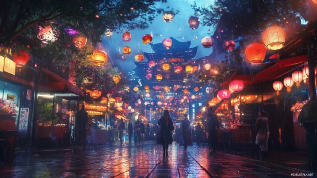 Colorful anime street festival with lanterns, high resolution anime desktop background.