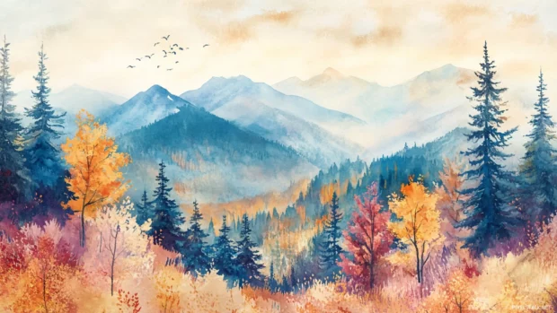 Colorful autumn forests hugging watercolor mountain slopes.