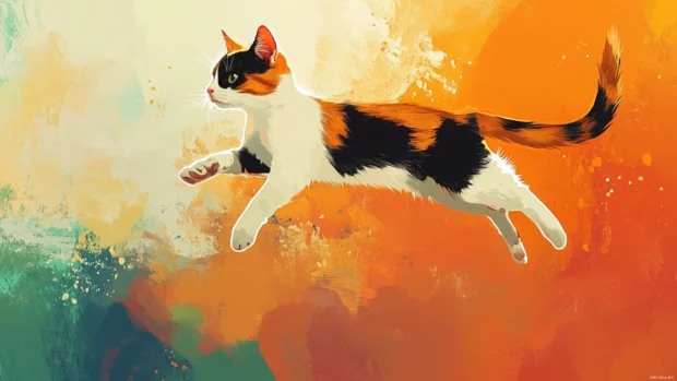 Colorful background with Calico cat jumping mid air for dynamic Cat PC Wallpapers.