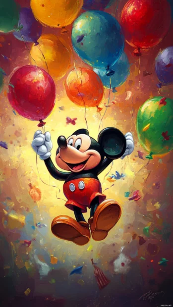 Colorful balloons float around Mickey Mouse while his cheerful smile lights up the scene.