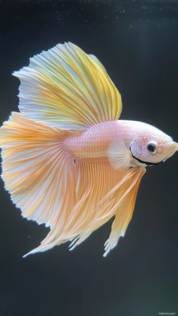 Colorful betta fish, mid swim, intricate fin details, elegantly spread, dark gradient background.