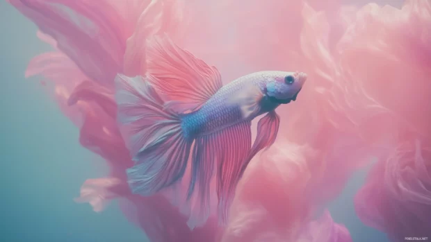 Colorful betta fish, translucent fins, soft filtered light surrounded, graceful swimming, minimalist aquatic setup.