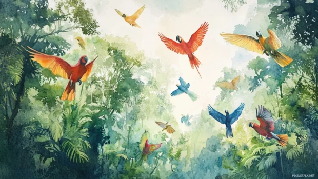 Colorful birds soaring above watercolor rainforest canopies.