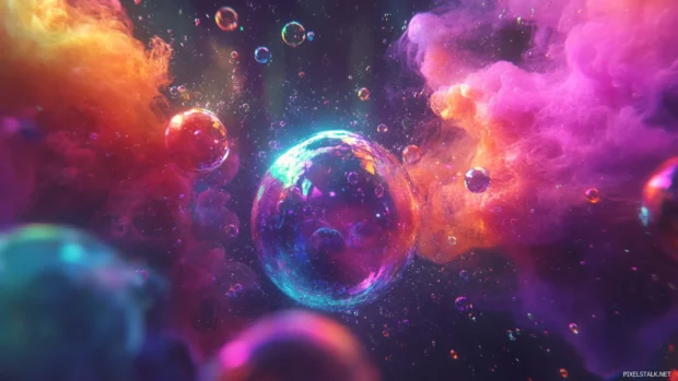 Colorful bubbles rising and shimmering with rainbow reflections.