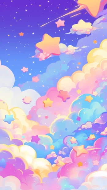 Colorful cartoon background wallpaper with stars and clouds behind friendly creatures.