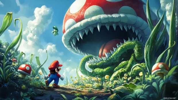 Colorful cartoon scene where Mario and Luigi team up against a giant Piranha Plant, ideal for Mario Bros Desktop Wallpaper.
