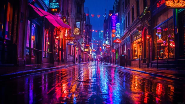Colorful cool neon wallpaper, Cyberpunk city street illuminated with vibrant neon signs.