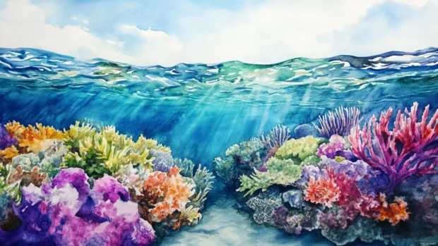 Colorful coral reefs visible through clear watercolor ocean waters.