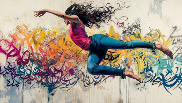 Colorful dancer leaping across layered street calligraphy.