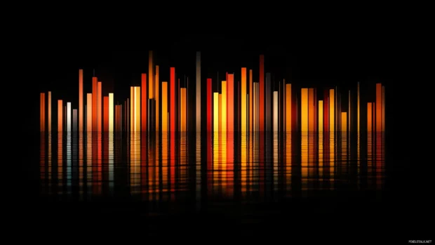 Colorful equalizer, pulsing bars, sleek black setting, evokes music movement.