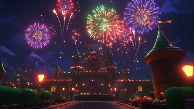 Colorful fireworks light up the night sky as Mario celebrates victory at Peachs Castle.