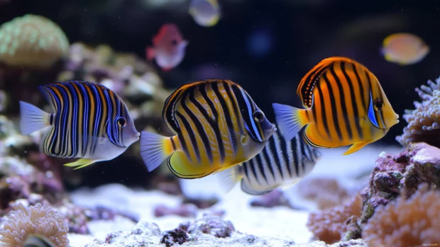 Colorful fish school, underwater coral reef, unique colors patterns, coral backdrop highlighted.