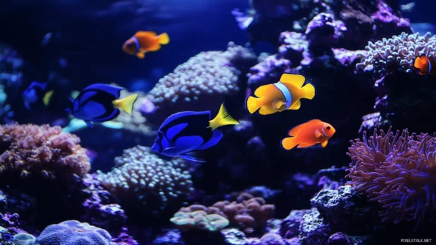 Colorful fish school, underwater coral reef, unique colors patterns, coral backdrop highlighted.