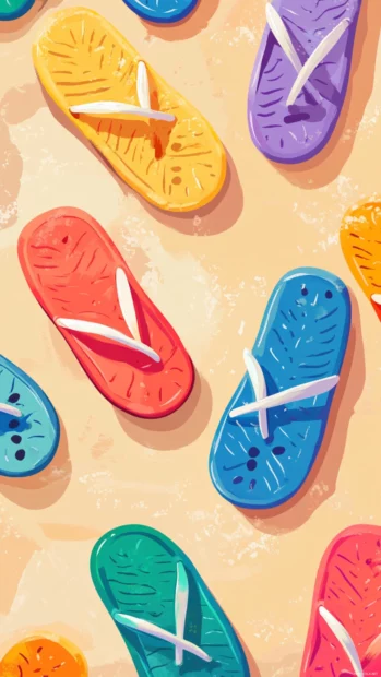 Colorful flip flops scattered across sandy Summer phone Wallpapers, beach life mood.