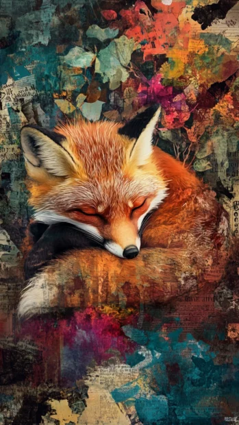 Colorful fox sleeping beneath layered text art forest.