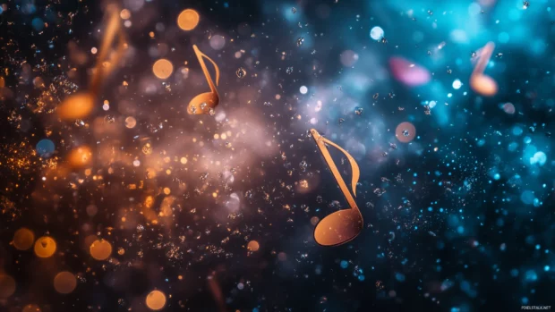 Colorful glowing music notes float through dark background with vibrant motion and energy.