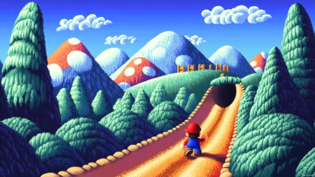 Colorful hills stretch far into the background as Mario enters a warp pipe in Super Mario World.