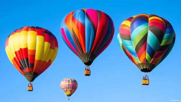Colorful hot air balloons drifting across a clear sky.