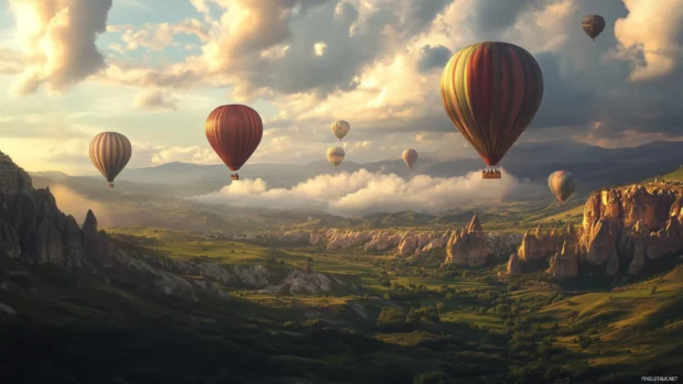 Colorful hot air balloons floating over a valley, ideal for Windows 10 desktop wallpaper.