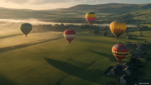Colorful hot air balloons over green fields, scenic HD wallpapers for windows.