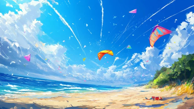 Colorful kite dancing high in the blue sky, leaving trails over the sunlit beach.