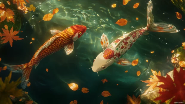 Colorful koi fish, intricate patterns, peacefully swimming, pond, leaves floating surface, soft lighting.