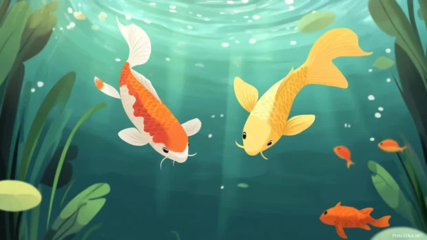 Colorful koi fish swimming in a calm pond.