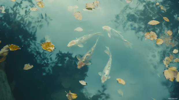 Colorful koi fish with intricate patterns swimming peacefully in a pond, surrounded by leaves floating on the surface, under soft lighting.
