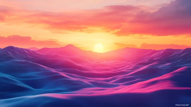 Colorful landscape scenery wallpaper featuring a valley floating under a vibrant sunset.