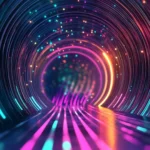 Colorful light particles flowing in neon vertical tunnel inspired by Neon city lights iPhone wallpaper.