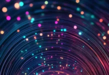 Colorful light particles flowing in neon vertical tunnel inspired by Neon city lights iPhone wallpaper.