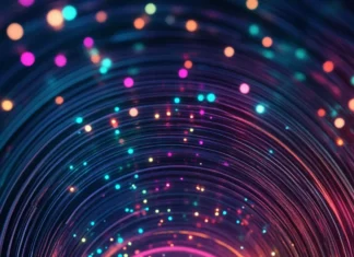 Colorful light particles flowing in neon vertical tunnel inspired by Neon city lights iPhone wallpaper.
