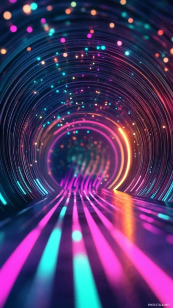 Colorful light particles flowing in neon vertical tunnel inspired by Neon city lights iPhone wallpaper.