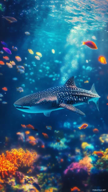 Colorful marine theme with whale shark featured in iPhone wallpaper.