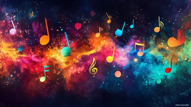 Colorful musical notes splash on canvas, vibrant hues, dynamic brush strokes, lively music art.