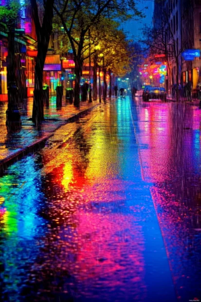 Colorful neon lights reflecting in rainy streets, Glowing neon wallpaper for phones.