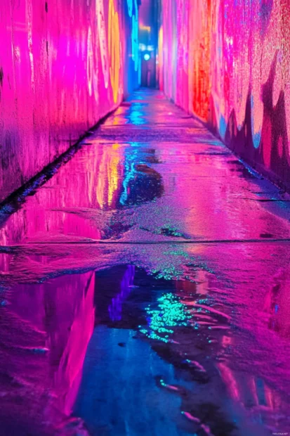 Colorful neon lights wallpaper, Street drenched in pink and blue neon reflections.