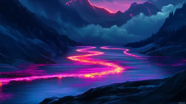 Colorful neon rivers flowing through night landscape inspired by Futuristic neon cityscape 4K.
