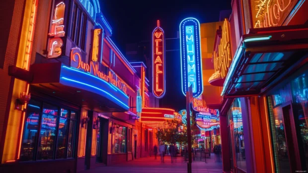 Colorful neon signs stacked in bustling city street featured in Aesthetic neon sign background.