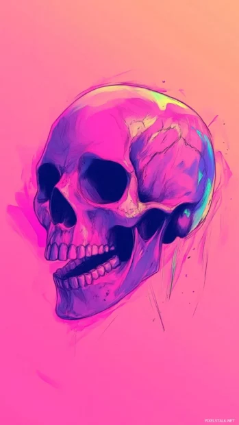 Colorful neon skull with psychedelic aura, Colorful neon skull drawing.
