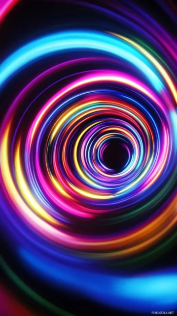 Colorful neon wallpaper for phones, Spiral pattern made of glowing neon rings in the dark.