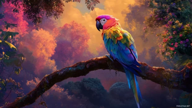 Colorful parrot perched on a tree branch with detailed feather textures.