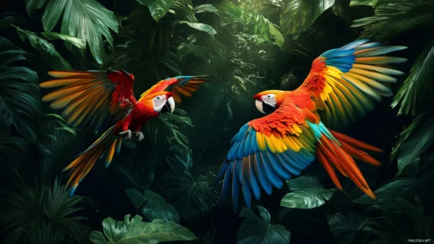Colorful parrots fluttering among lush jungle branches.