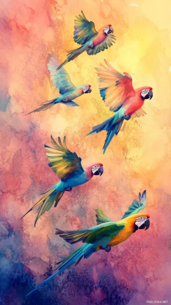 Colorful parrots flying across a dreamy watercolor sunset sky.