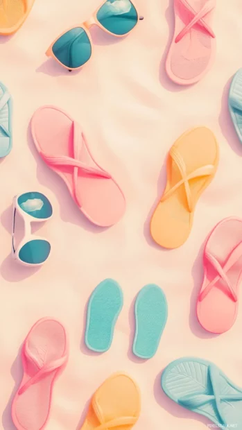 Colorful pastel summer flip flops and sunglasses scattered across a light sand background.