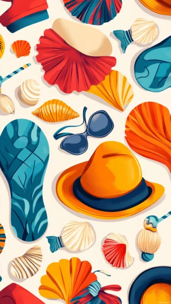 Colorful patterns of beach sandals, sun hats and shell necklaces for Preppy Summer Wallpapers.