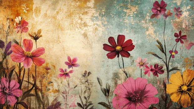 Colorful retro floral wallpaper design with vintage pop flowers and faded background.