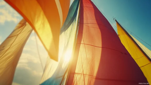 Colorful sails catching wind during Pretty Sunset.