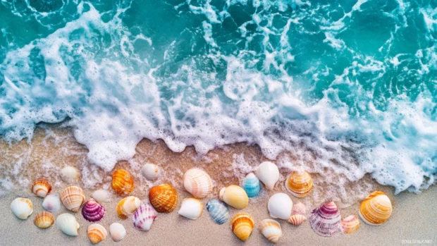 Colorful shells scattered by Pretty Ocean waves.